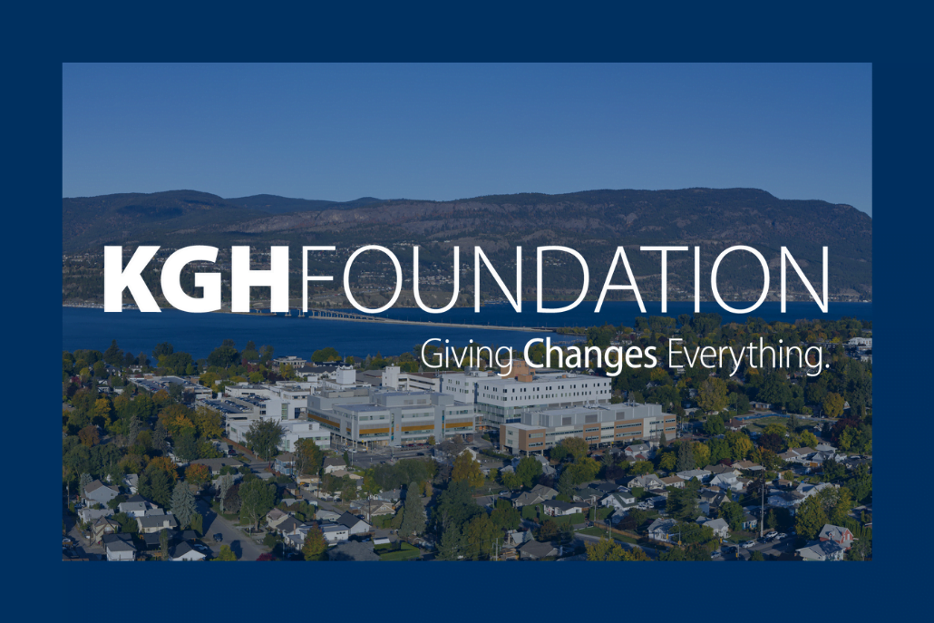 white kgh foundation logo overlaid on photo of kelowna general hospital with lake okanagan in the background