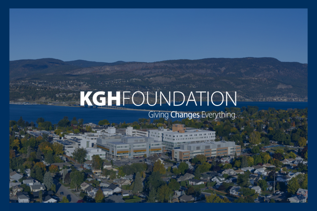 white kgh foundation logo overlaid on photo of kelowna general hospital with lake okanagan in the background